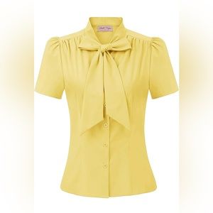 Short Sleeve Button Down Blouse w/ Bow Tie